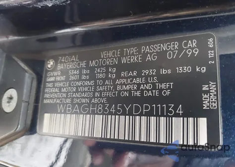 2000 BMW 740Il z USA, uszkodzony, nr VIN WBAGH8345YDP11134